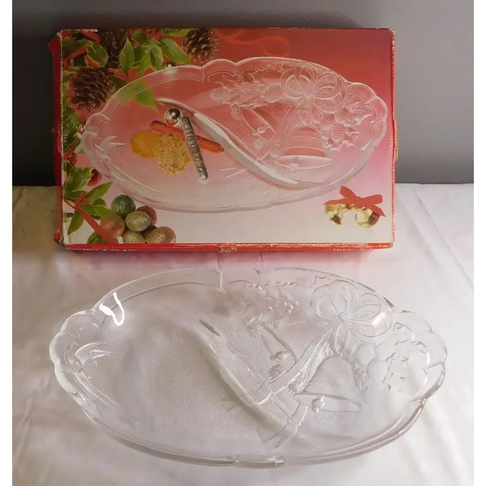 Mikasa Vintage 1990's Crystal Holiday Bells Divided Relish Dish